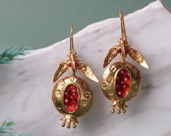 Pomegranate Design Earrings, Pomegranate Jewelry, Handmade Design Jewelry, Turkish Handmade Jewelry, Turkish Jewelry, Hook Earring