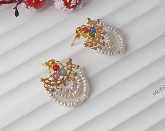 Pearl Earrings, Turkish Handmade Earrings, Turkish Jewelry, Gold Earrings