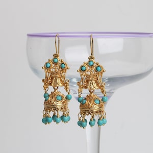 Handmade Turquoise Chandelier Earrings: Turkish Gold Dangle Jewelry