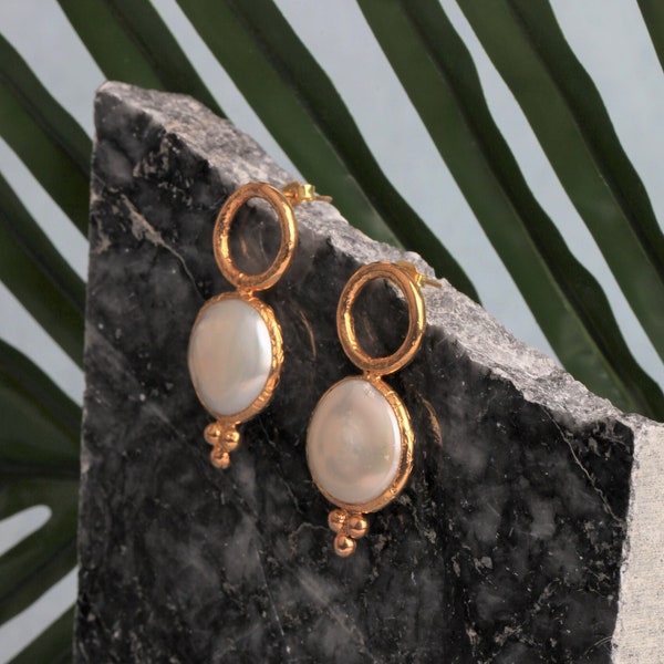 Gold Earrings, Pearl Earrings, Turkish Handmade Earrings, Turkish Jewelry