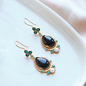 Gold Turkish Earrings: Black Onyx, Turquoise, Pearl, Bohemian Jewelry
