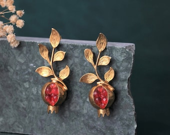 Leafy Pomegranate Earrings, Pomegranate Design Earrings, Pomegranate Jewelry, Handmade Design Jewelry, Turkish Jewelry, Hook Earring