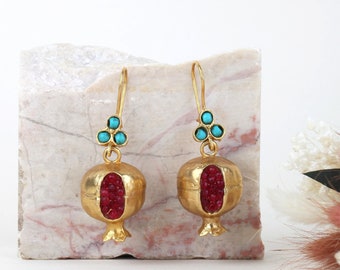 Pomegranate Design Earrings, Pomegranate Jewelry, Handmade Design Jewelry, Turkish Handmade Jewelry, Turkish Jewelry, Hook Earring