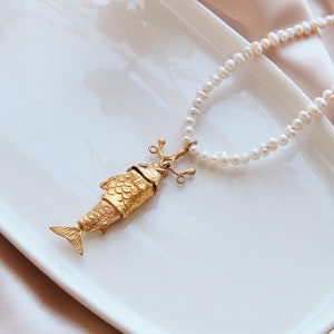 Fish Necklace, Gold Fish Necklace, Pearl Necklace