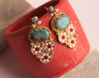 Handmade Turquoise Pearl Dangle Earrings: 18k Gold Turkish Jewelry