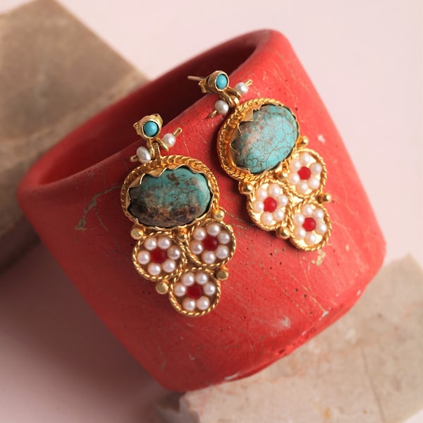 Handmade Turquoise Earrings, Dangling Earrings, Handmade Earrings, Gold Earrings, Turkish Jewelry, Pearl Earrings