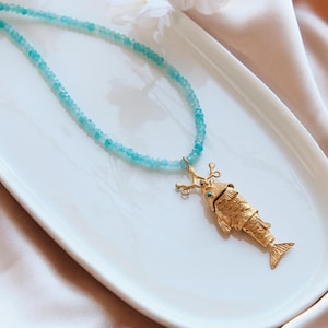 Gold Fish Necklace: Turquoise Beaded Turkish Jewelry