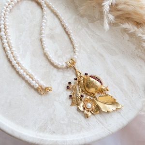 Pearl Design Necklace, Pomegranate Necklace, Handmade Design Jewelry, Turkish Handmade Jewelry, Turkish Jewelry, Pomegranate Necklace