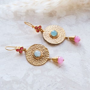 Handmade Turkish Earrings: Pink Gemstone, Gold Bohemian Jewelry