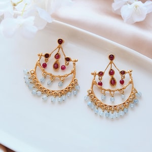 Handmade Turkish Earrings: Red Gemstone & Gold Bohemian Jewelry
