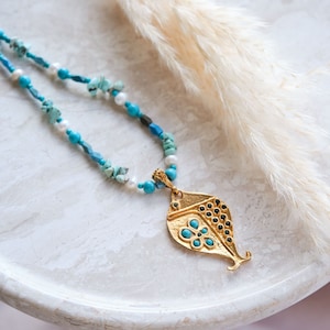 Gold Fish Necklace: Turquoise & Pearl Turkish Jewelry