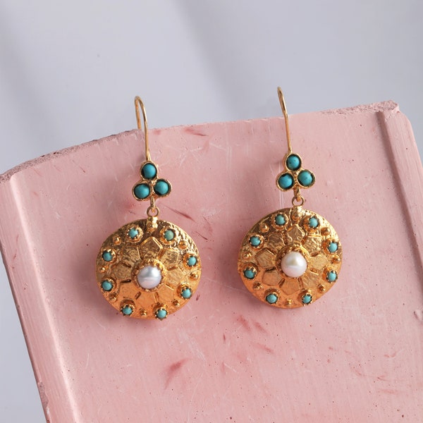 Handmade Turquoise Earrings, Dangling Earrings, Handmade Earrings, Gold Earrings, Turkish Jewelry