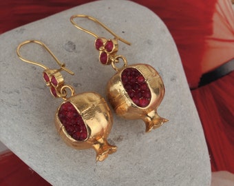 Handmade Pomegranate Earrings: Turkish Gold Design Jewelry