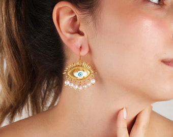 Gold Evil Eye Earrings with Pearls: Turkish Jewelry