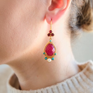 Handmade Red Gemstone Earrings: Turkish Gold Plated Jewelry