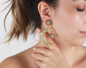 Pendientes otomanos hechos a mano: Luna creciente turquesa, joyería turca