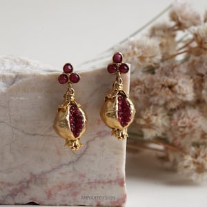 Pomegranate Earrings: Turkish Handmade Gold Hook Jewelry