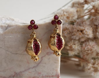 Pomegranate Earrings: Turkish Handmade Gold Hook Jewelry