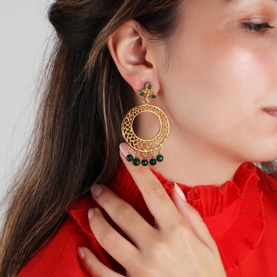 Handmade Green Gemstone Earrings: Turkish Gold Bohemian Jewelry