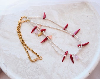 Collier Ancien Imposant En Corail Rouge Et Os Plaqué Or - Travail Artisanal Unique