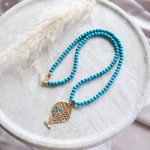 Gold Fish Necklace: Turquoise Beaded Turkish Jewelry
