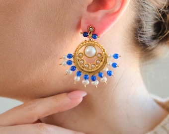 Handmade Ottoman Earrings: Blue Pearl Turkish Jewelry