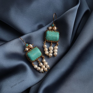 Handmade Turquoise Earrings, Dangling Earrings, Handmade Earrings, Gold Earrings, Turkish Jewelry, Turquoise and Pearl Earrings