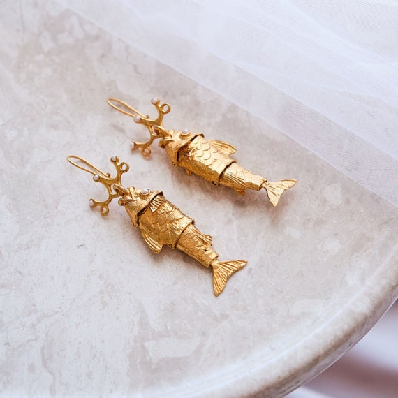 Gold Fish Earrings: Turkish Handmade Pearl Jewelry