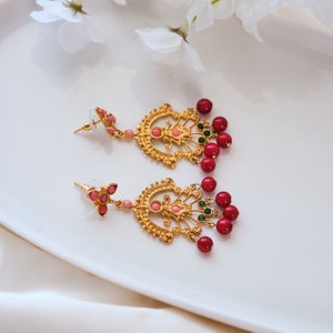 Handmade Red Beaded Earrings: Turkish Gold Plated Jewelry