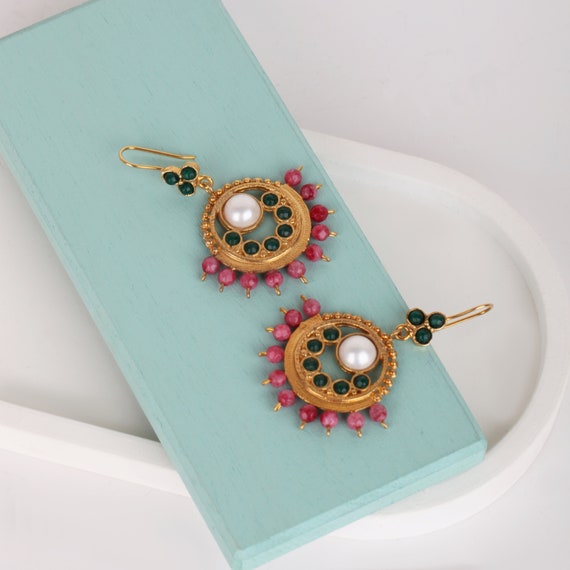 Handmade Pearl Drop Earrings: Turkish Gold Bohemian Jewelry