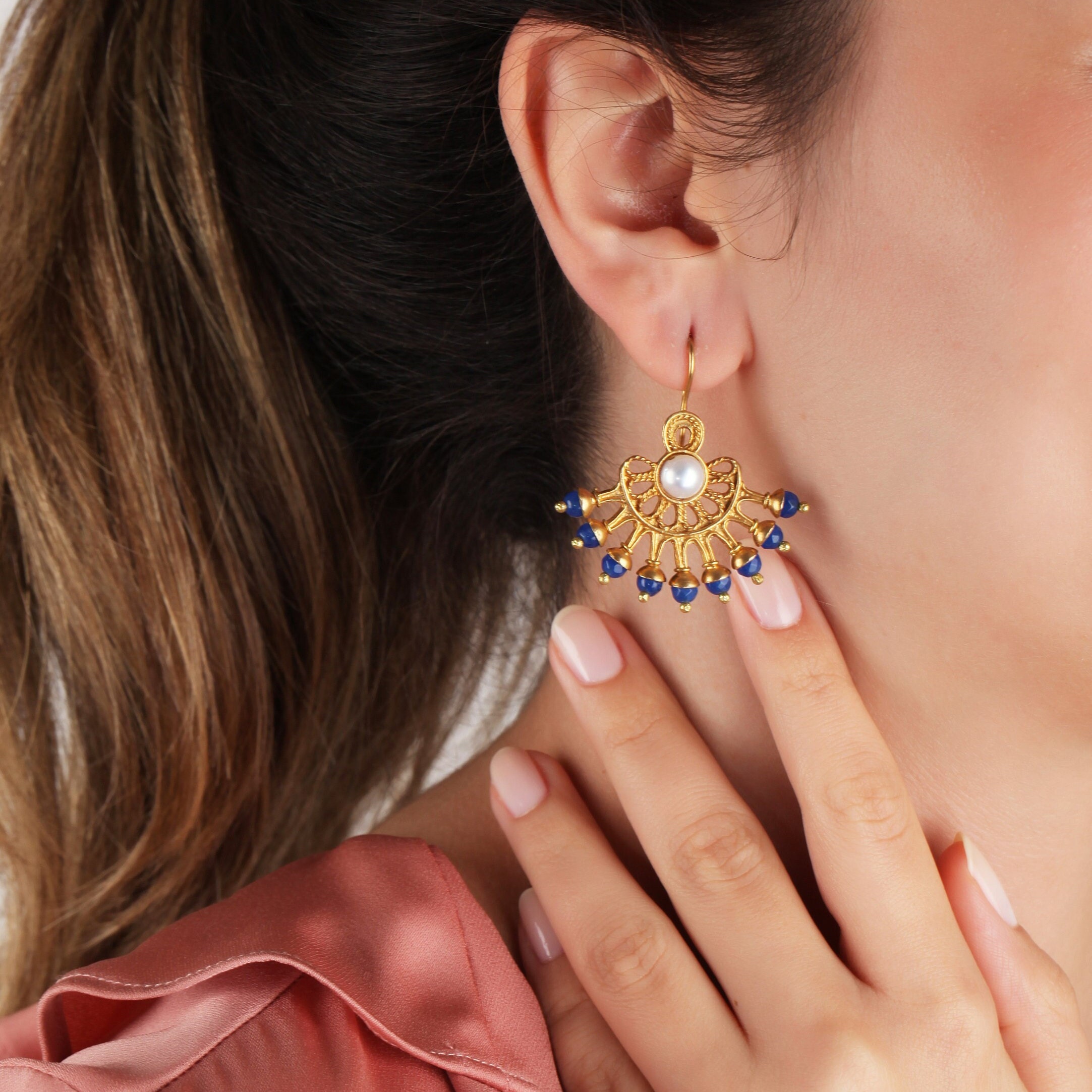 Handmade Ottoman Earrings: Pearl & Blue Gemstone Turkish Jewelry