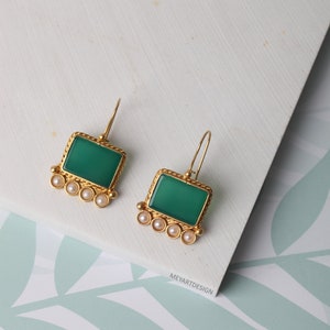 Emerald & Pearl Gold Plated Earrings: Gemstone Jewelry