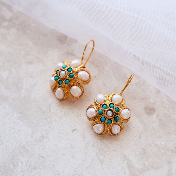 Handmade Turquoise Earrings, Dangling Earrings, Handmade Earrings, Gold Earrings, Turkish Jewelry, Pearl Earrings