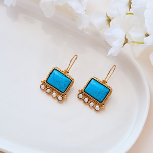 Handmade Turquoise & Pearl Gold Dangle Earrings: Turkish Jewelry