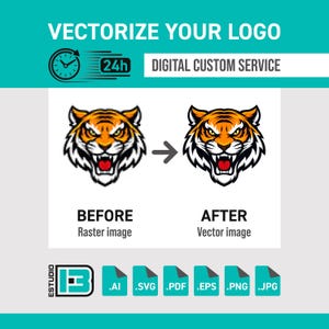 Puede incluir: Imagen que muestra una comparación del antes y el después de un logotipo de tigre. El texto dice "Vectoriza tu logo" y "Servicio personalizado digital". Incluye iconos de tipos de archivo: .AI, .SVG, .PDF, .EPS, .PNG y .JPG.