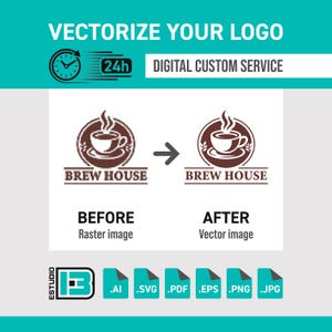 Puede incluir: Imagen publicitaria de un servicio digital de personalización de logotipos. Muestra una comparación del logotipo "BREW HOUSE" antes y después de la vectorización. El texto "VECTORIZE YOUR LOGO" está en la parte superior, con iconos de tipos de archivo en la parte inferior.