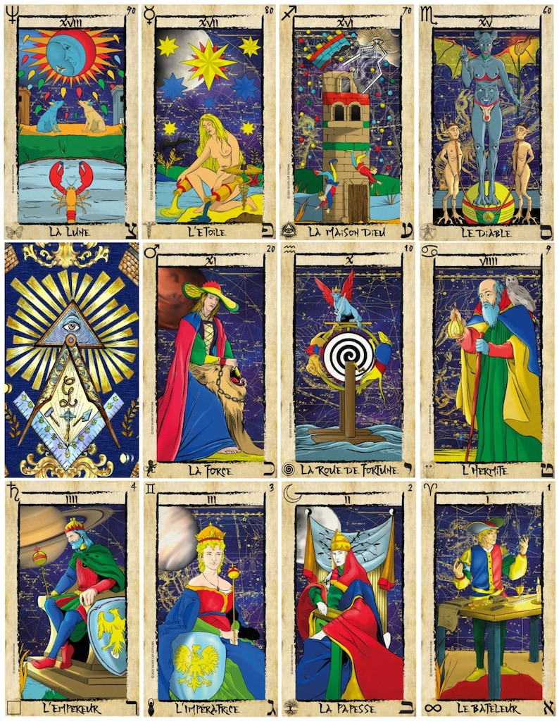 May include: A set of 22 tarot cards with colorful illustrations and astrological symbols. Each card features a different image and text in French. The cards are arranged in a grid pattern on a white background.
