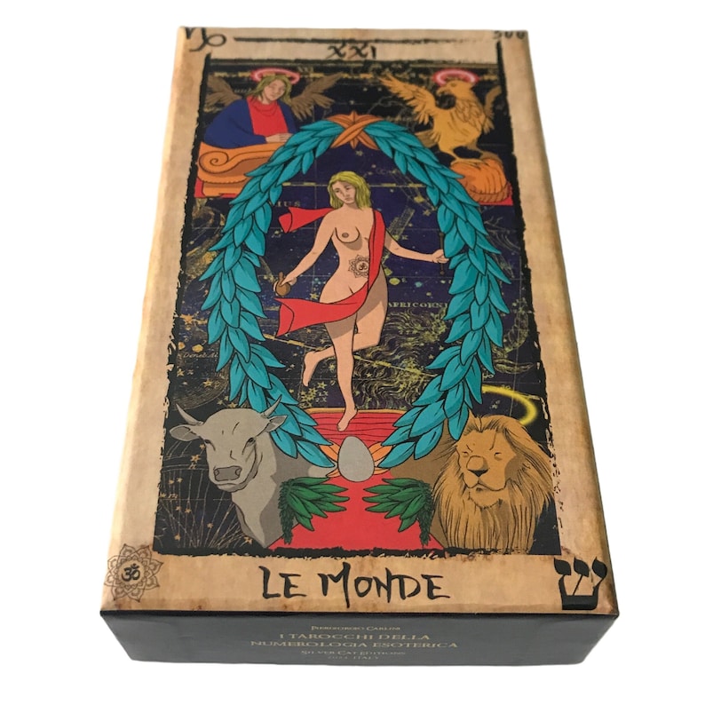 May include: A tarot card with a colorful illustration of a woman standing in a circle of leaves. The card is titled "Le Monde" and is from the "Tarot of the Kabbalah: Numerological Esoterica" deck. The card is numbered XXI.