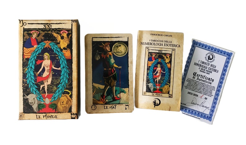 May include: A set of tarot cards with a certificate of authenticity. The cards are illustrated with colorful images and have a vintage aesthetic. The certificate is printed on blue paper with a gold seal.