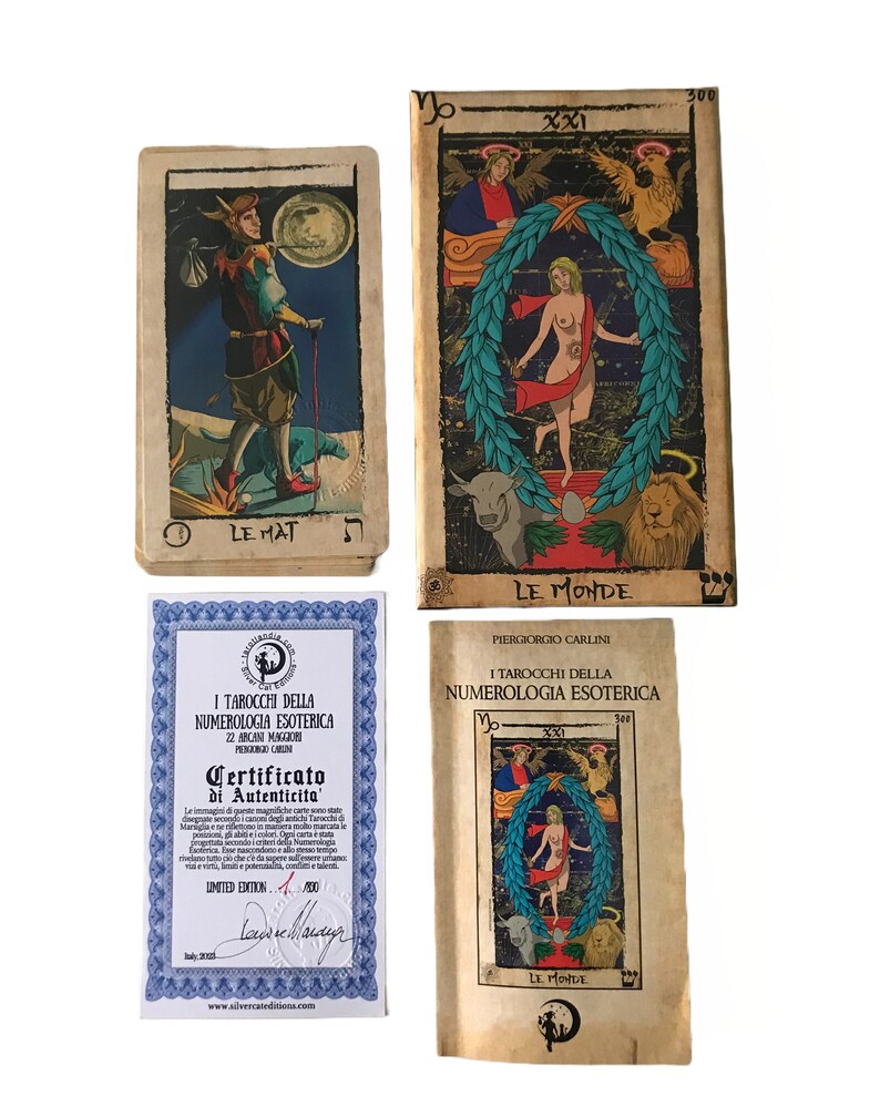May include: A set of tarot cards with a certificate of authenticity. The cards feature colorful illustrations and are printed on a parchment-like paper. The certificate is blue and white with a gold border. The text on the certificate reads "I Tarocchi della Numerologia Esoterica" and "Certificato di Autenticita".