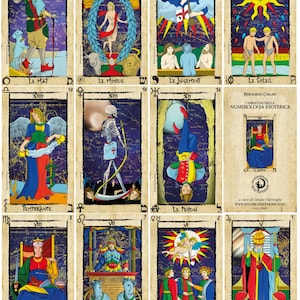 May include: A set of 22 tarot cards with colorful illustrations and astrological symbols. Each card features a different zodiac sign and a corresponding tarot card image. The cards are printed on a parchment-like background with a vintage aesthetic.