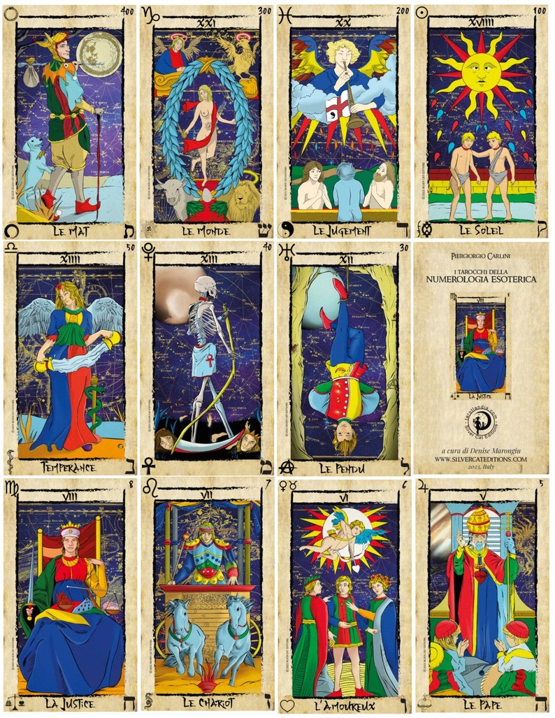 May include: A set of 22 tarot cards with colorful illustrations and astrological symbols. Each card features a different zodiac sign and a corresponding tarot card image. The cards are printed on a parchment-like background with a vintage aesthetic.