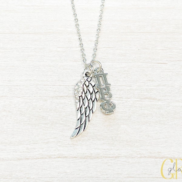 Pi Beta Phi Sorority Crystal Angel Wing and Drop Lavalier Necklace (Pi Phi, ΠΒΦ)