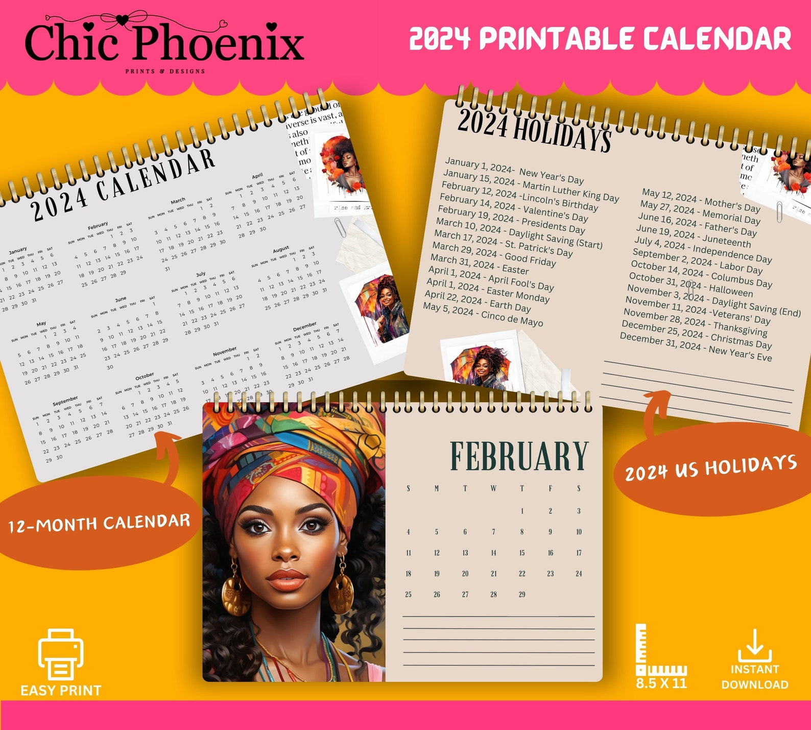 Printable 2024 African American Calendar 12 Month Calendar With US