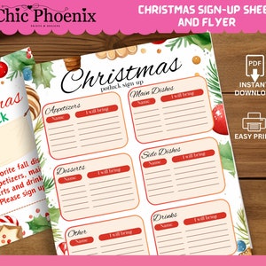 May include: A printable Christmas potluck sign-up sheet with a watercolor background. The sheet is divided into sections for appetizers, main dishes, side dishes, desserts, drinks, and other. Each section has a space for a name and what the person will bring.