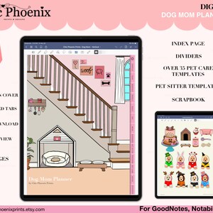 May include: A digital planner for dog moms, featuring a hand-drawn illustration of a dog house and stairs. The planner includes index pages, dividers, over 35 pet care templates, pet sitter templates, and a scrapbook. It also includes bonus stickers of dogs in various costumes. The planner is compatible with GoodNotes, Notability, and other note-taking apps.