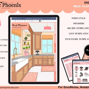 May include: Digital meal planner for GoodNotes, Notability, and other note-taking apps. The planner features a hand-drawn kitchen illustration with a pink and white color scheme. It includes index pages, dividers, recipe templates, list templates, and inventory templates.