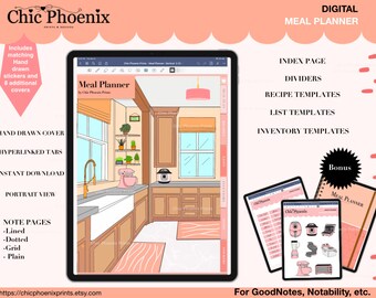 Digital meal planner, meal tracker, Precropped stickers, food journal, weekly meal planner, grocery list, Kitchen inventory, meal prep