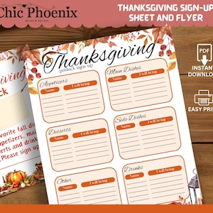 May include: Printable Thanksgiving potluck sign-up sheet with a fall-themed design. The sheet includes sections for appetizers, desserts, main dishes, side dishes, drinks, and other. The text "Thanksgiving potluck sign-up" is at the top of the sheet.