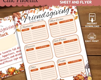 May include: A printable Friendsgiving potluck sign-up sheet with a fall theme. The sheet is divided into sections for appetizers, main dishes, side dishes, desserts, drinks, and other. Each section has a space for the name of the dish and who will bring it. The sheet is decorated with fall leaves, pumpkins, and other autumnal elements.